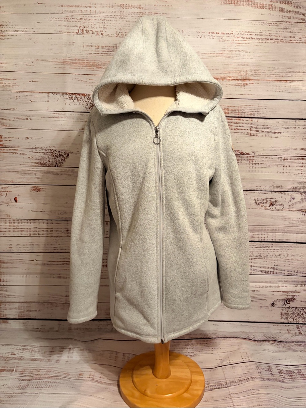 Women's Light Gray Hooded Teddy Fleece Jacket